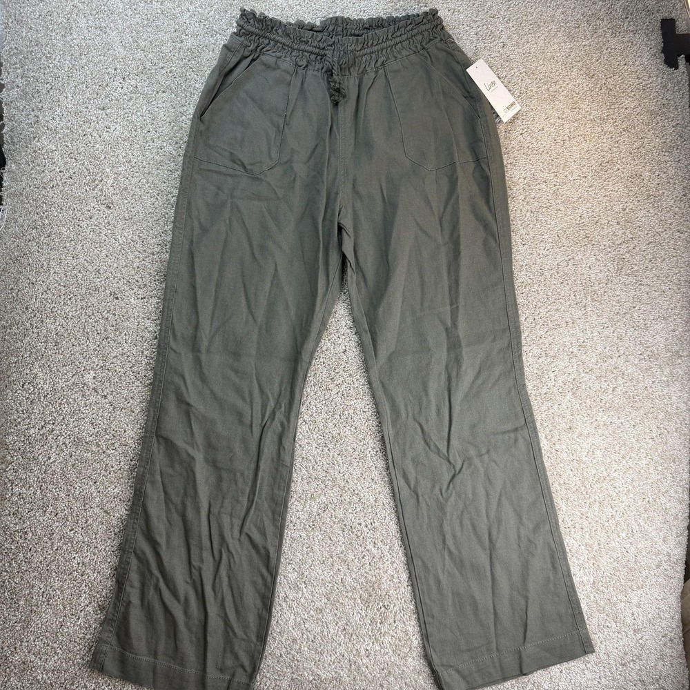 Ci Sono Pants Womens M Green Linen Blend Straight Leg Elastic Waist Pockets